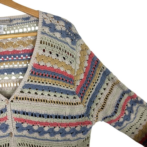 Coldwater Creek Vtg Crochet Cardigan Women's Medium Boho Striped Ramie Cotton - Picture 7 of 12